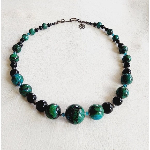 Unbranded Jewelry - Vintage Sterling Graduated Beaded CHRYSOCOLLA ONYX Necklace